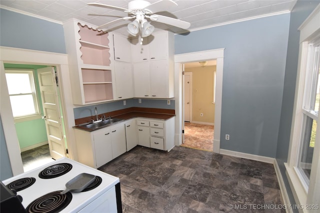 kitchen featuring white cabinetry, sink, white electric range, and ornamental molding