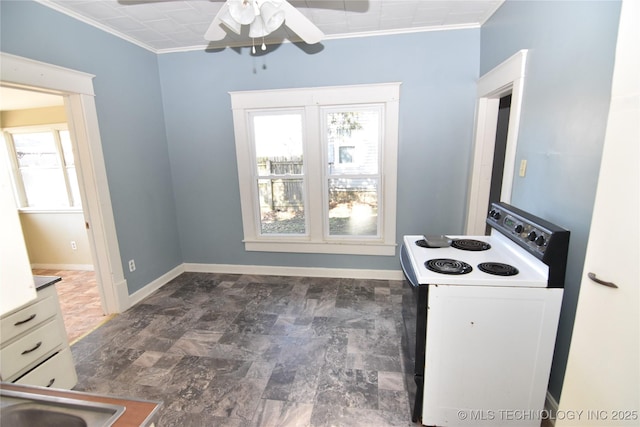 kitchen with white electric stove, ornamental molding, and ceiling fan