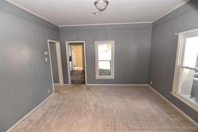 empty room featuring ornamental molding and carpet flooring