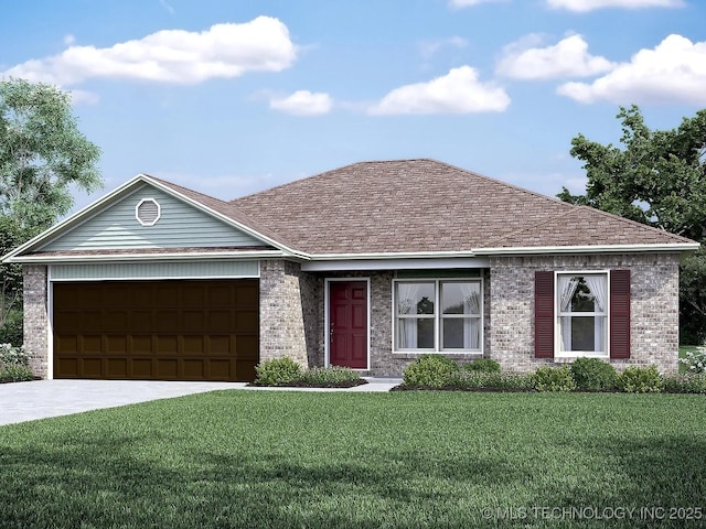 view of front of property featuring a garage and a front lawn