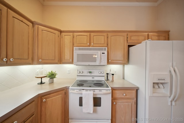 kitchen with tasteful backsplash, white appliances, and crown molding