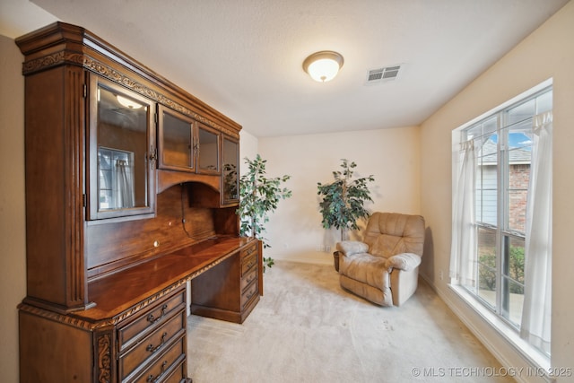 carpeted home office featuring built in desk