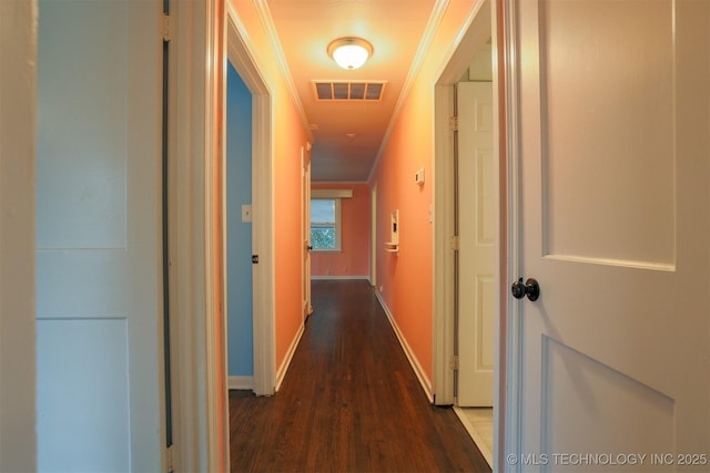 hall featuring crown molding and dark wood-type flooring