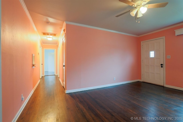 entryway featuring dark hardwood / wood-style flooring, ornamental molding, and ceiling fan