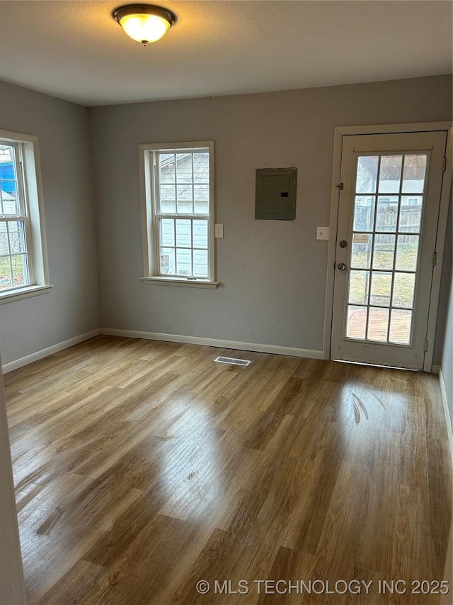 empty room with hardwood / wood-style floors, plenty of natural light, and electric panel