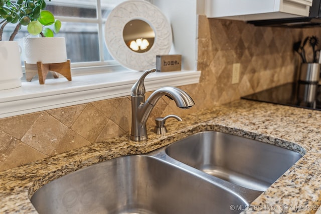 details featuring tasteful backsplash, sink, and stone counters