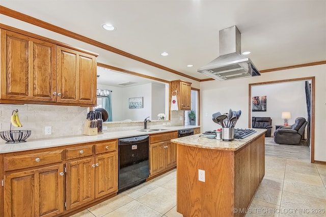 kitchen featuring sink, dishwasher, island range hood, a kitchen island, and stainless steel gas stovetop