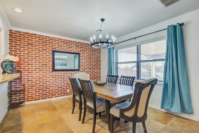 dining area with ornamental molding, brick wall, and a chandelier