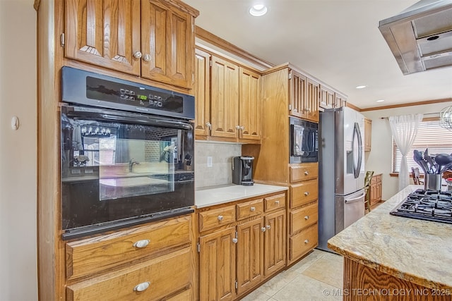 kitchen featuring range hood, tasteful backsplash, ornamental molding, black appliances, and light tile patterned flooring