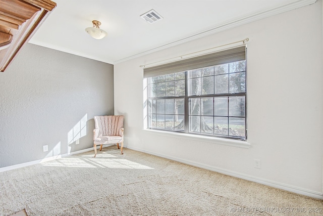 unfurnished room with crown molding and carpet floors