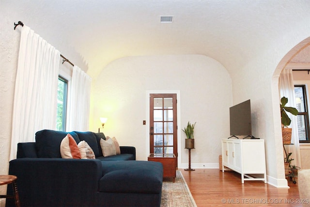 living room with hardwood / wood-style flooring and vaulted ceiling