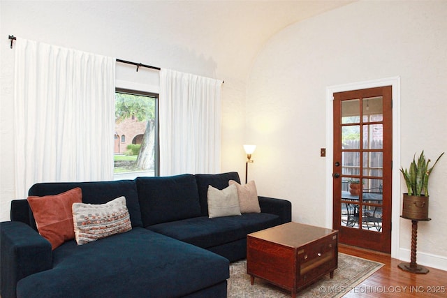 living room with vaulted ceiling and hardwood / wood-style floors