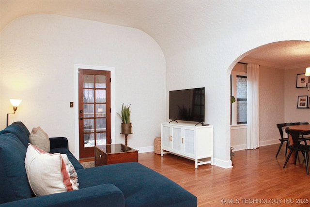 living room with ornamental molding and dark hardwood / wood-style floors