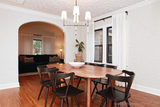 dining room featuring hardwood / wood-style floors, crown molding, and a textured ceiling