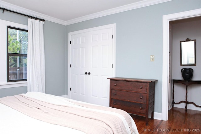 bedroom featuring crown molding, dark wood-type flooring, and a closet