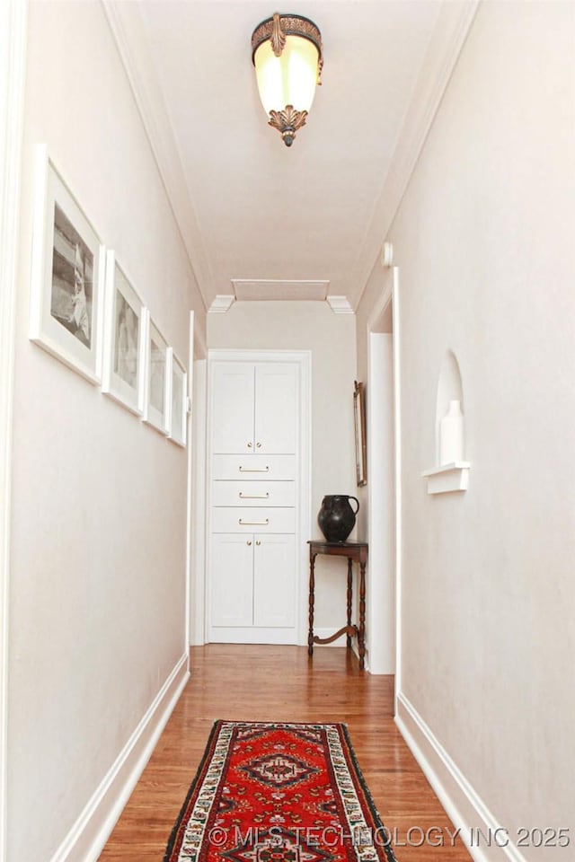 hallway featuring crown molding and wood-type flooring