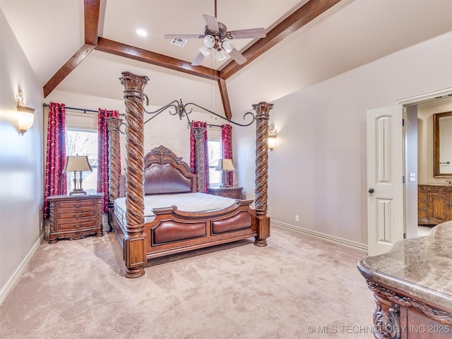 carpeted bedroom with beamed ceiling, ceiling fan, high vaulted ceiling, and multiple windows