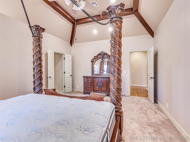 bedroom featuring beam ceiling, visible vents, light carpet, and baseboards