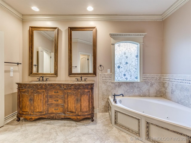 full bath with crown molding, recessed lighting, a tub with jets, and double vanity