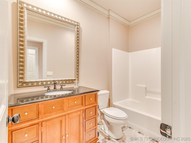 full bathroom with toilet, ornamental molding, vanity, shower / washtub combination, and tile patterned flooring