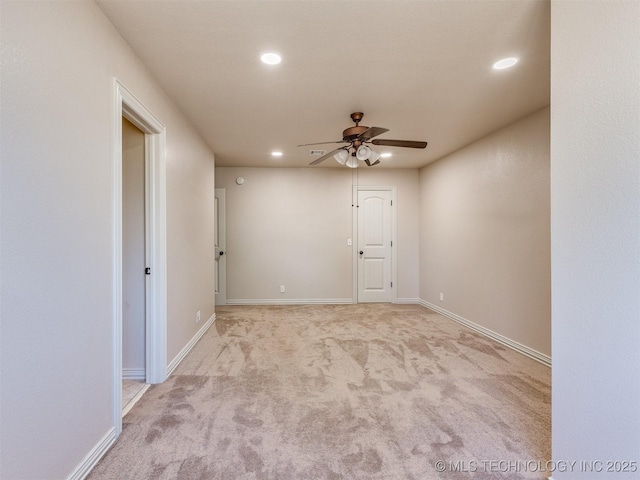 unfurnished room featuring recessed lighting, baseboards, carpet floors, and ceiling fan