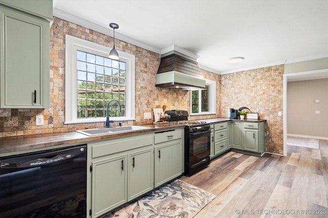 2936 Ridge Rd, Bartlesville, OK 74006 - kitchen featuring green cabinets, black appliances, light wood-style flooring, decorative backsplash, and ornamental molding