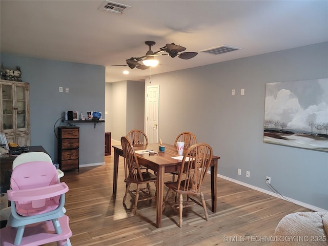 dining area featuring wood-type flooring and ceiling fan