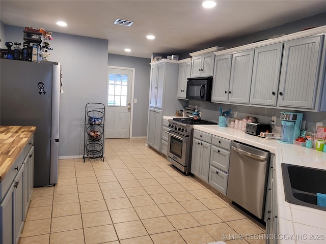 kitchen with appliances with stainless steel finishes, butcher block counters, and gray cabinetry