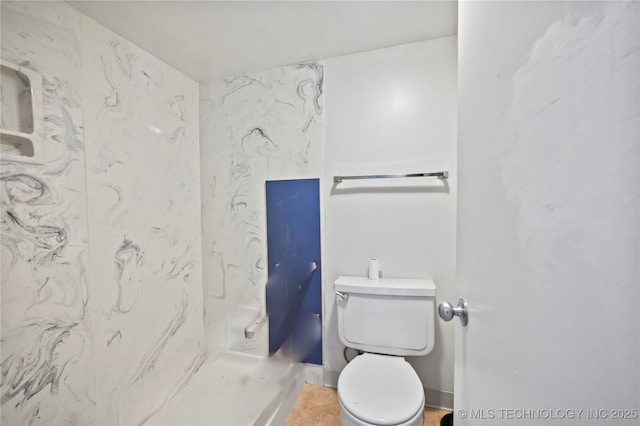 bathroom with walk in shower, toilet, and tile patterned flooring