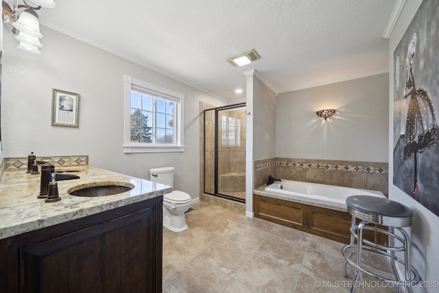 full bathroom with crown molding, vanity, a textured ceiling, independent shower and bath, and toilet