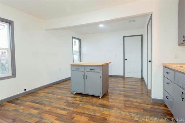 kitchen featuring wood counters, dark wood-type flooring, baseboards, visible vents, and gray cabinetry