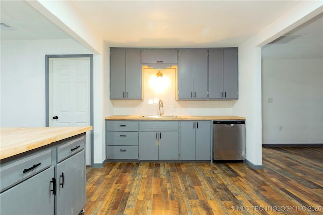 kitchen featuring a sink, dark wood-style flooring, dishwasher, gray cabinetry, and butcher block counters