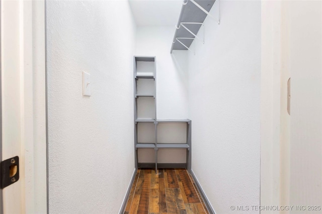 walk in closet with dark wood-style floors