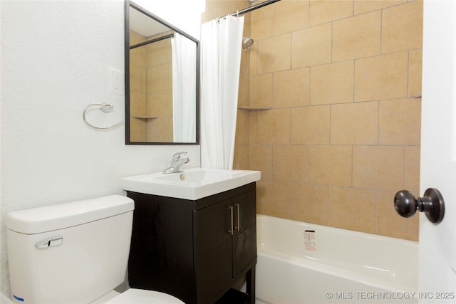 full bathroom featuring vanity, shower / bath combination with curtain, and toilet