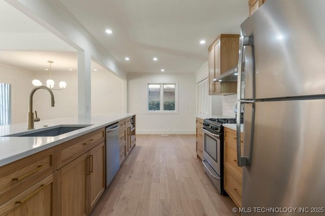 kitchen featuring sink, crown molding, light hardwood / wood-style flooring, appliances with stainless steel finishes, and decorative light fixtures