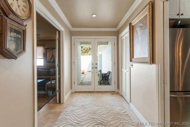 doorway featuring french doors, crown molding, and light tile patterned flooring