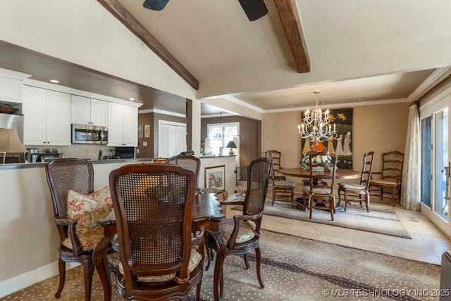 tiled dining area featuring vaulted ceiling with beams and a notable chandelier