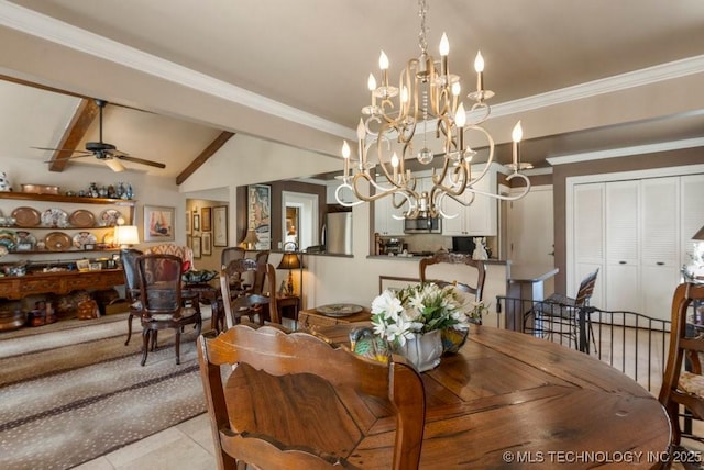 dining area with ornamental molding, ceiling fan with notable chandelier, vaulted ceiling with beams, and light tile patterned floors