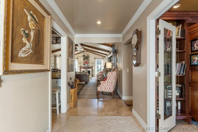 corridor with ornamental molding, vaulted ceiling with beams, and light tile patterned flooring