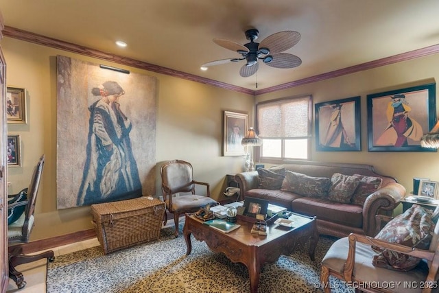 living room featuring crown molding and ceiling fan