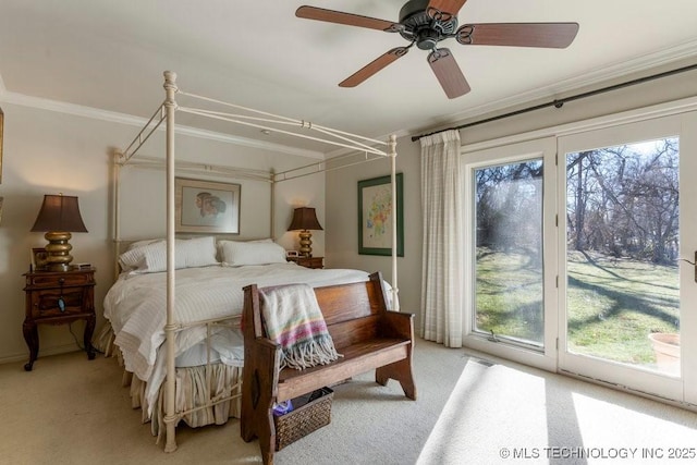 carpeted bedroom with crown molding, ceiling fan, and access to exterior