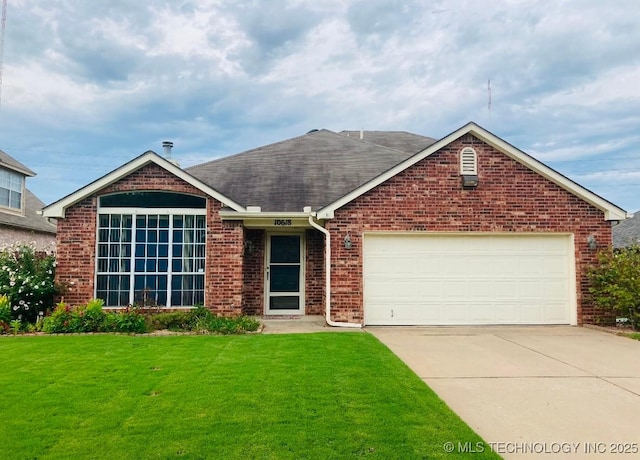 single story home featuring a garage, brick siding, concrete driveway, roof with shingles, and a front yard