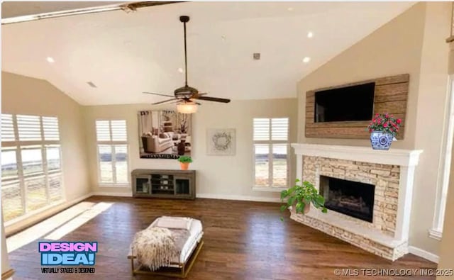 unfurnished living room with lofted ceiling, a fireplace, wood finished floors, a ceiling fan, and baseboards