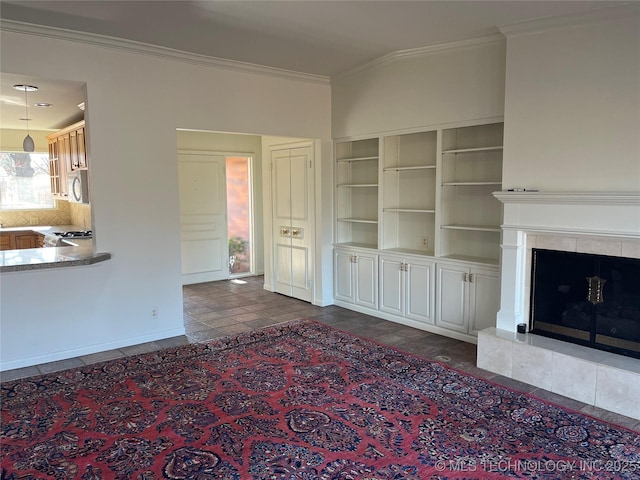 unfurnished living room with a fireplace and ornamental molding