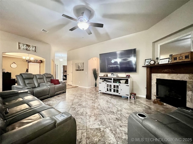 living room with ceiling fan