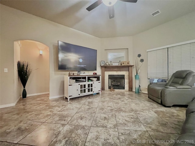 living room featuring ceiling fan