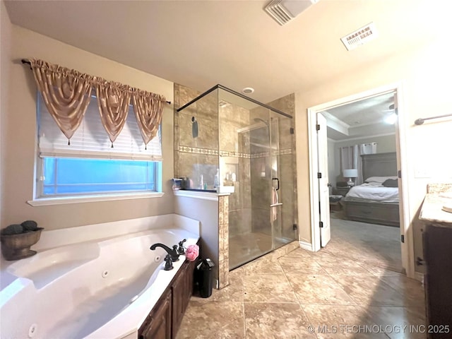 bathroom featuring independent shower and bath, vanity, and ornamental molding