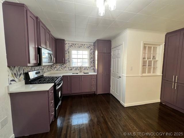 kitchen featuring tasteful backsplash, sink, stainless steel appliances, and dark hardwood / wood-style floors