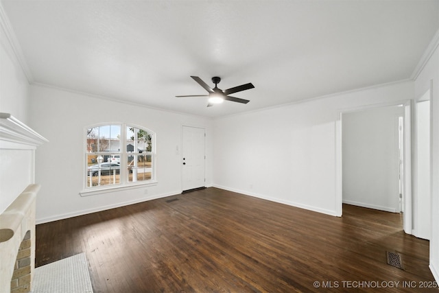 unfurnished living room featuring ceiling fan, ornamental molding, and dark hardwood / wood-style flooring