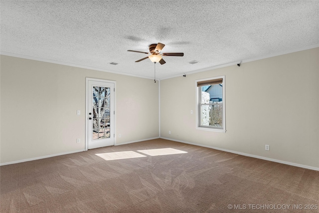 empty room with a textured ceiling, light colored carpet, and ceiling fan